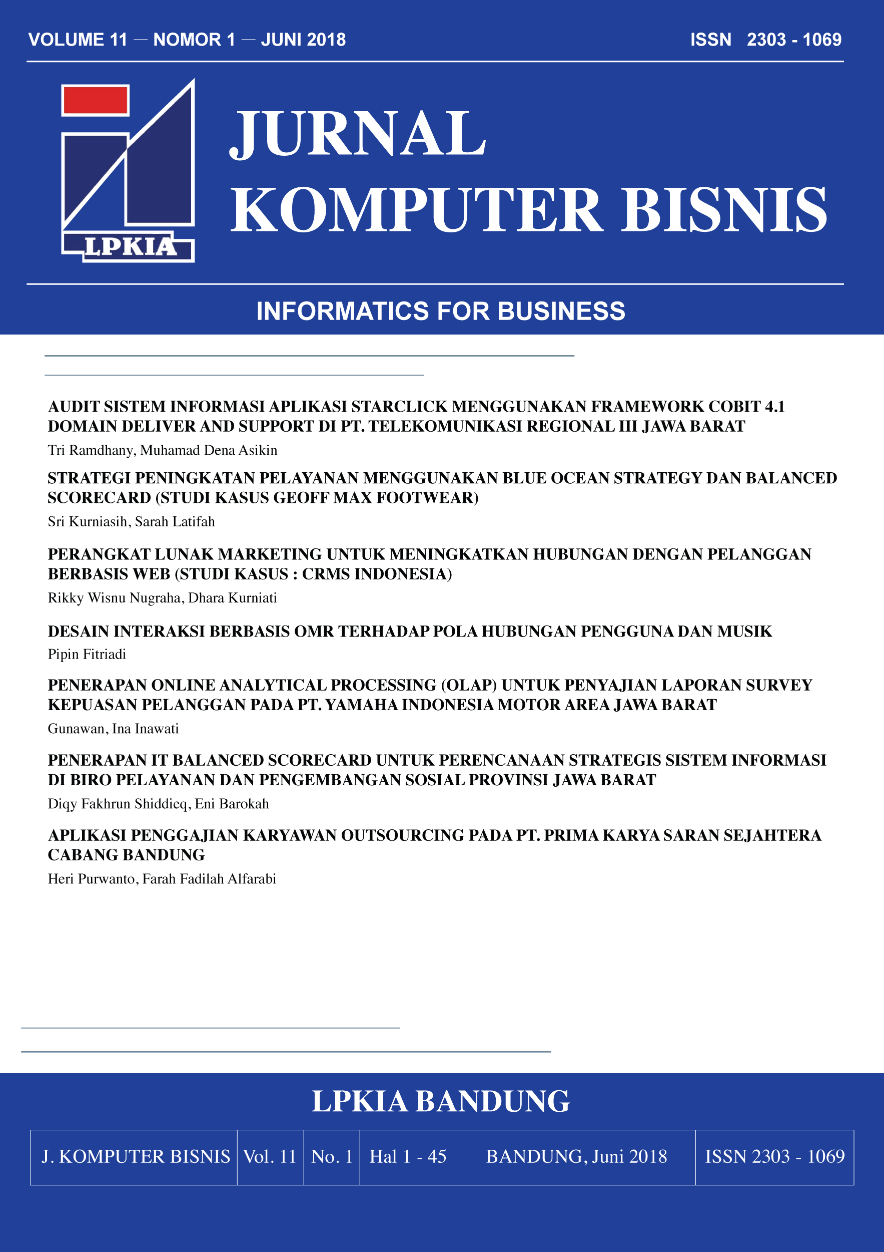 Vol 11 No 1 (2018): Jurnal Komputer Bisnis