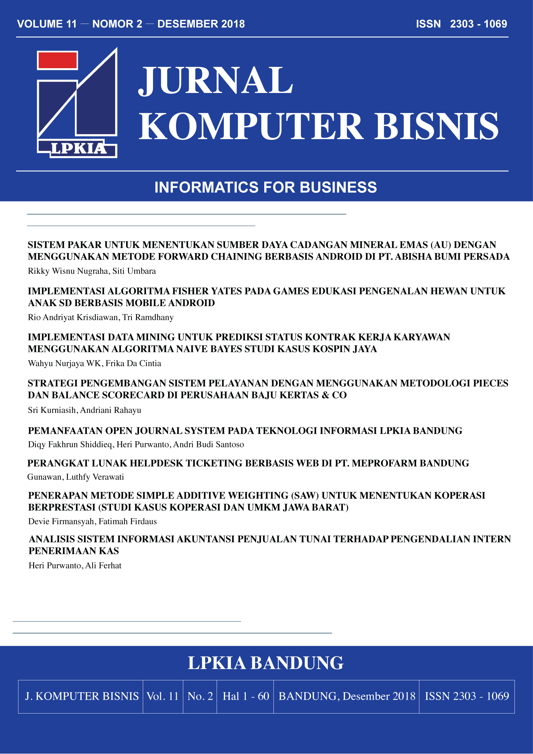 Vol 11 No 2 (2018): Jurnal Komputer Bisnis