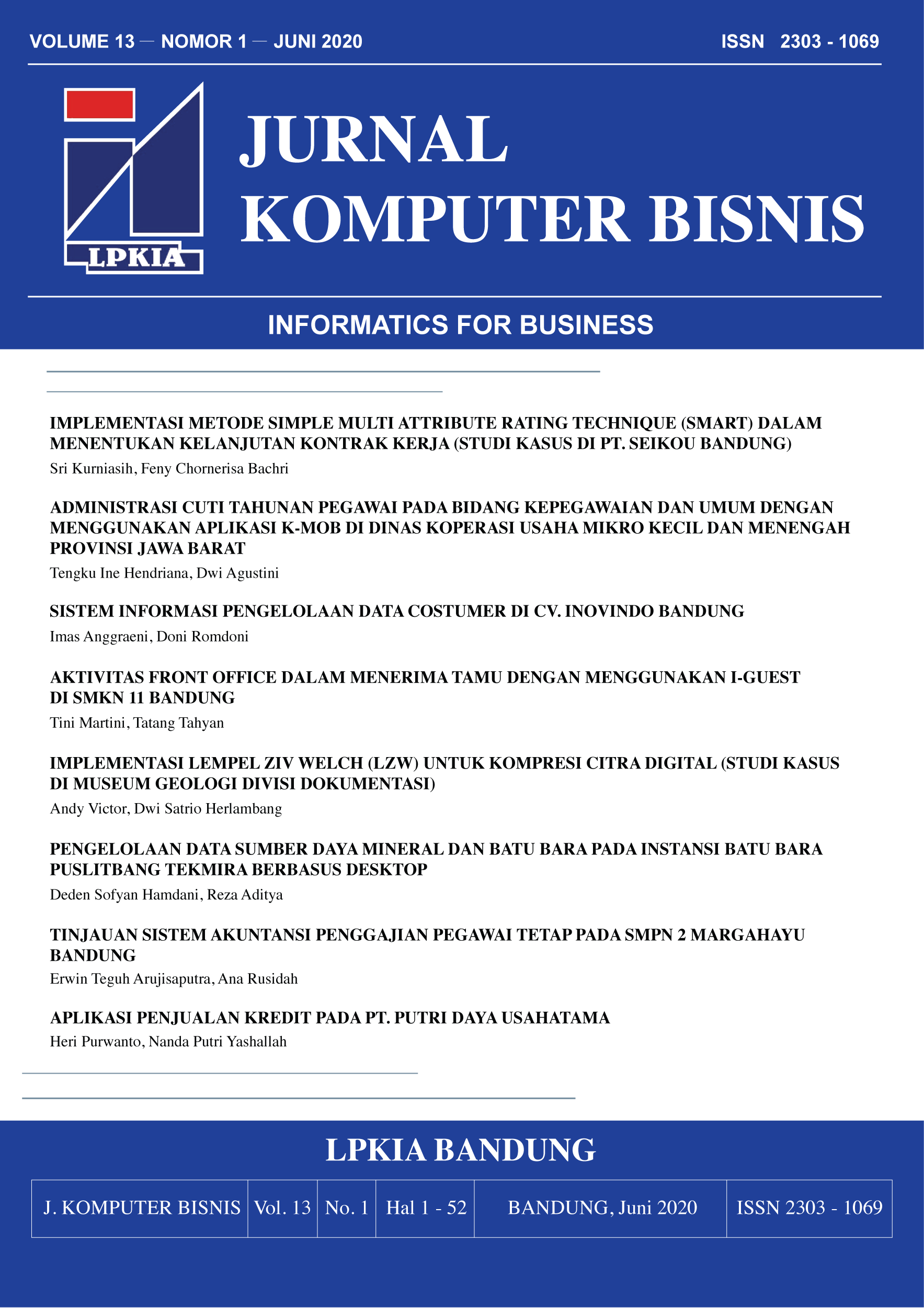 Vol 13 No 1 (2020): Jurnal Komputer Bisnis