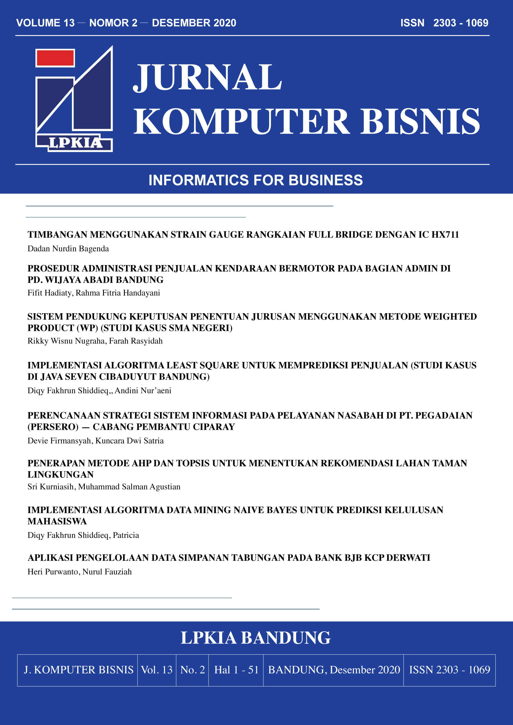 Vol 13 No 2 (2020): Jurnal Komputer Bisnis