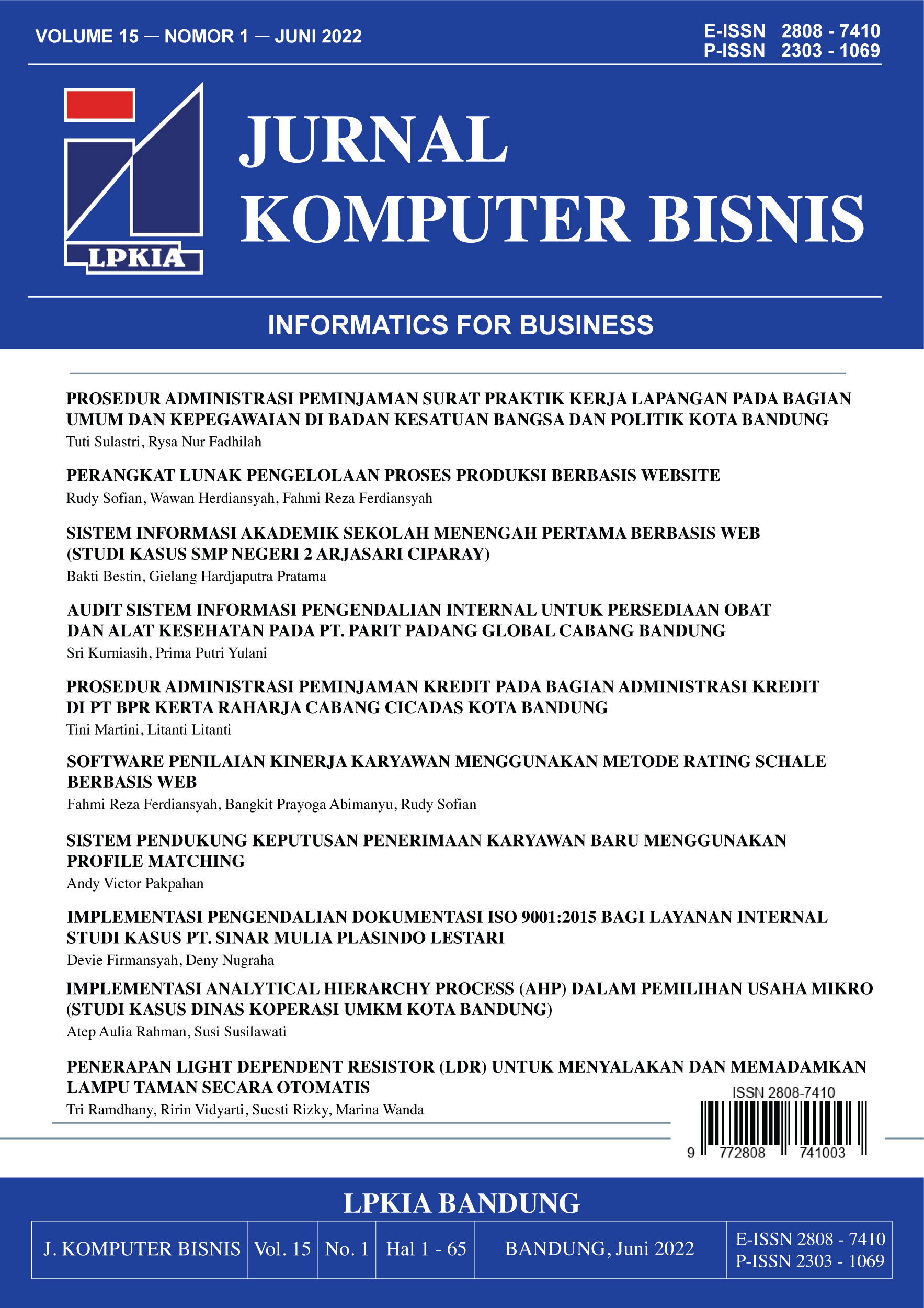Vol 15 No 1 (2022): Jurnal Komputer Bisnis