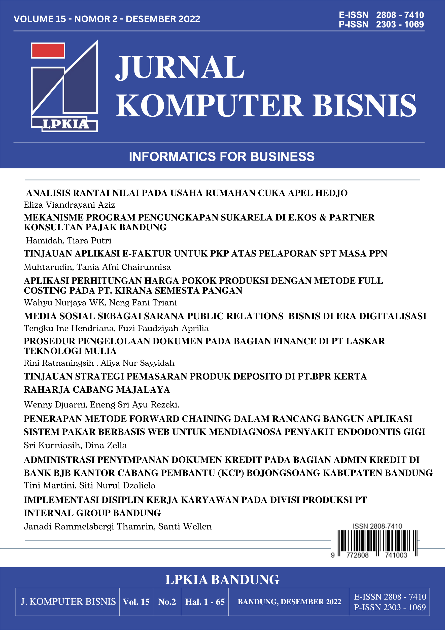 Vol 15 No 2 (2022): Jurnal Komputer Bisnis